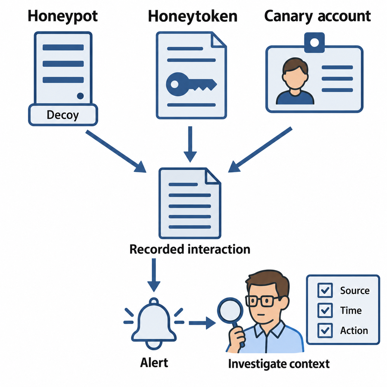 Three kinds of decoy feed recorded interactions and an alert, followed by investigation of source, time, and action.