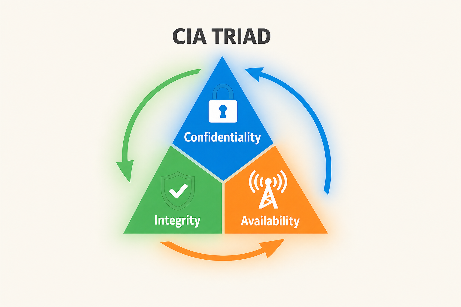 Triangle divided into three colored sections labeled Confidentiality at the top with a padlock icon, Integrity at the lower left with a shield and check mark icon, and Availability at the lower right with a broadcast tower icon. Curved arrows connect the three sections in a continuous loop, showing that the principles are interdependent and evaluated together.