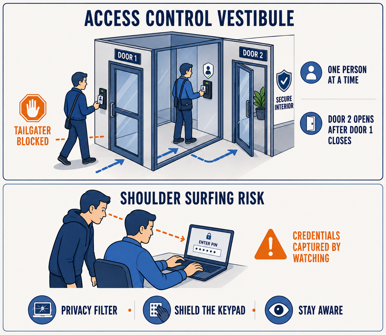 Two panels. The upper panel shows an access control vestibule: a person badges through Door 1 into an enclosed space while a second person is blocked outside and marked tailgater blocked; Door 2 into the secure interior opens only after Door 1 closes, enforcing one person at a time. The lower panel shows shoulder surfing: a person standing behind a seated user watches them enter a PIN on a laptop, with a warning that credentials are captured by watching. Icons below read: privacy filter, shield the keypad, stay aware.