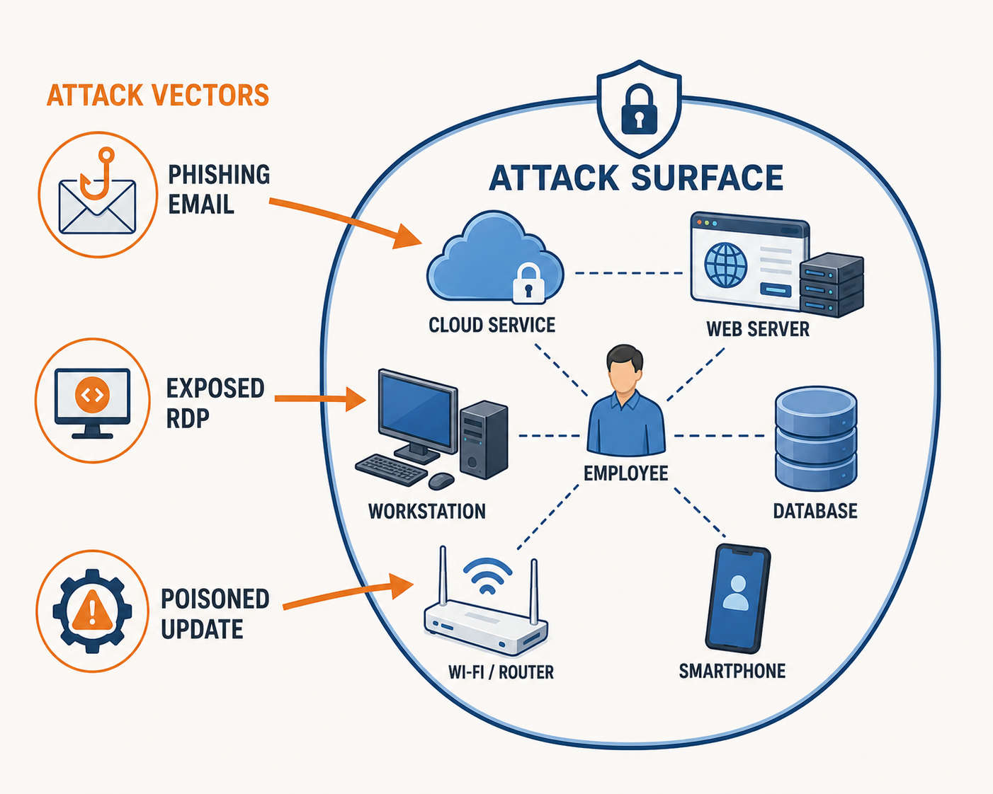 An oval labeled Attack Surface encloses an employee at the center connected by dashed lines to a cloud service, a web server, a workstation, a database, a Wi-Fi router, and a smartphone. Outside the oval, three labeled attack vectors point inward with arrows: phishing email, exposed RDP, and poisoned update.