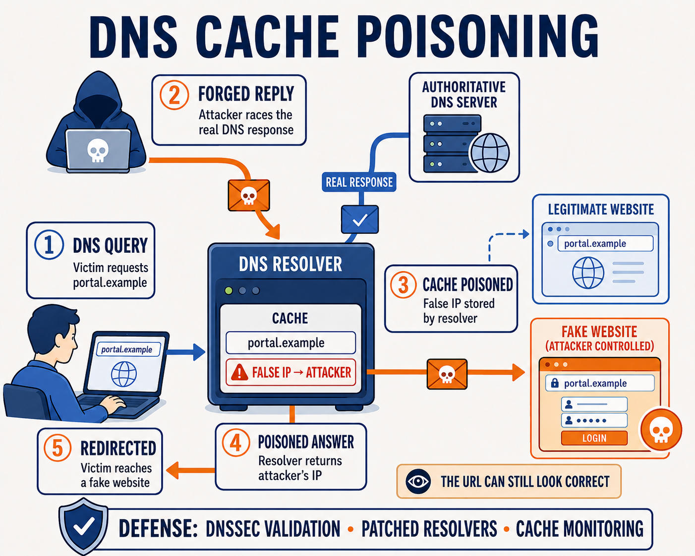 Five numbered stages around a DNS resolver. One, DNS query: a victim requests the domain portal.example. Two, forged reply: the attacker races the real response from the authoritative DNS server. Three, cache poisoned: the resolver stores a false IP address. Four, poisoned answer: the resolver returns the attacker's IP to clients. Five, redirected: the victim reaches a fake website that presents a login form. A note reads that the URL can still look correct. A footer reads: defense, DNSSEC validation, patched resolvers, cache monitoring.