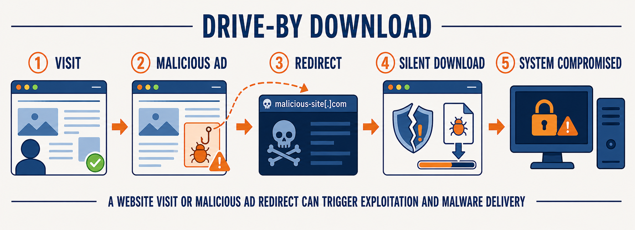 Five numbered stages left to right. One, visit: a user loads a legitimate-looking website. Two, malicious ad: an advertisement on the page carries hidden malicious content. Three, redirect: the browser is sent to an attacker-controlled site. Four, silent download: a broken shield and a progress bar show a payload downloading without a prompt. Five, system compromised: a locked screen with a warning symbol. A caption reads that a website visit or malicious ad redirect can trigger exploitation and malware delivery.
