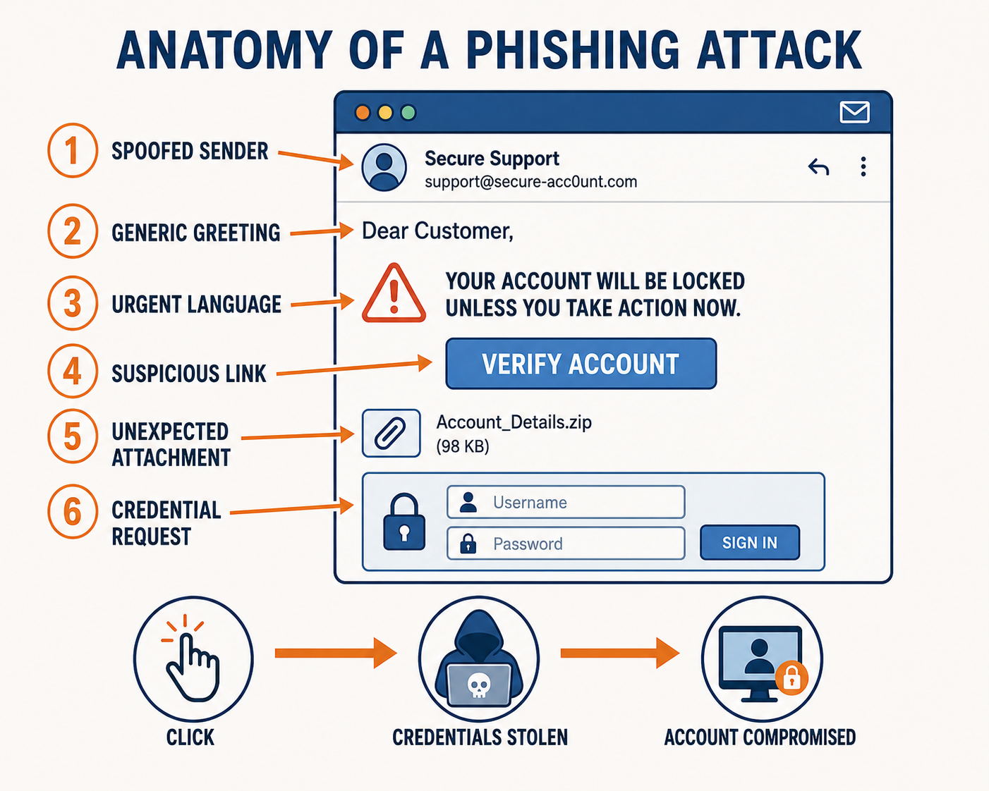 A mock phishing email with six numbered callouts. One, spoofed sender showing the address support at secure-acc0unt.com using a zero in place of the letter o. Two, generic greeting reading Dear Customer. Three, urgent language warning the account will be locked unless the user acts now. Four, a suspicious link styled as a Verify Account button. Five, an unexpected attachment named Account_Details.zip. Six, a credential request with username and password fields. Below the email, three icons show the outcome sequence: click, credentials stolen, account compromised.