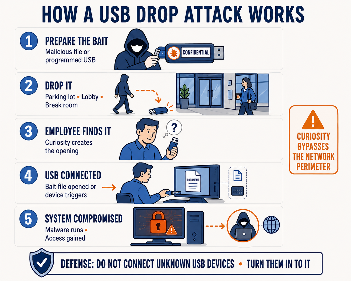 Five numbered stages. One, prepare the bait: an attacker loads a USB device with a malicious file or programs it to act as an input device, and labels it Confidential. Two, drop it: the device is left in a parking lot, lobby, or break room. Three, employee finds it: curiosity creates the opening. Four, USB connected: the bait file is opened or the device triggers automatically. Five, system compromised: malware runs and the attacker gains access. A callout reads that curiosity bypasses the network perimeter. A footer reads: defense, do not connect unknown USB devices, turn them in to IT.