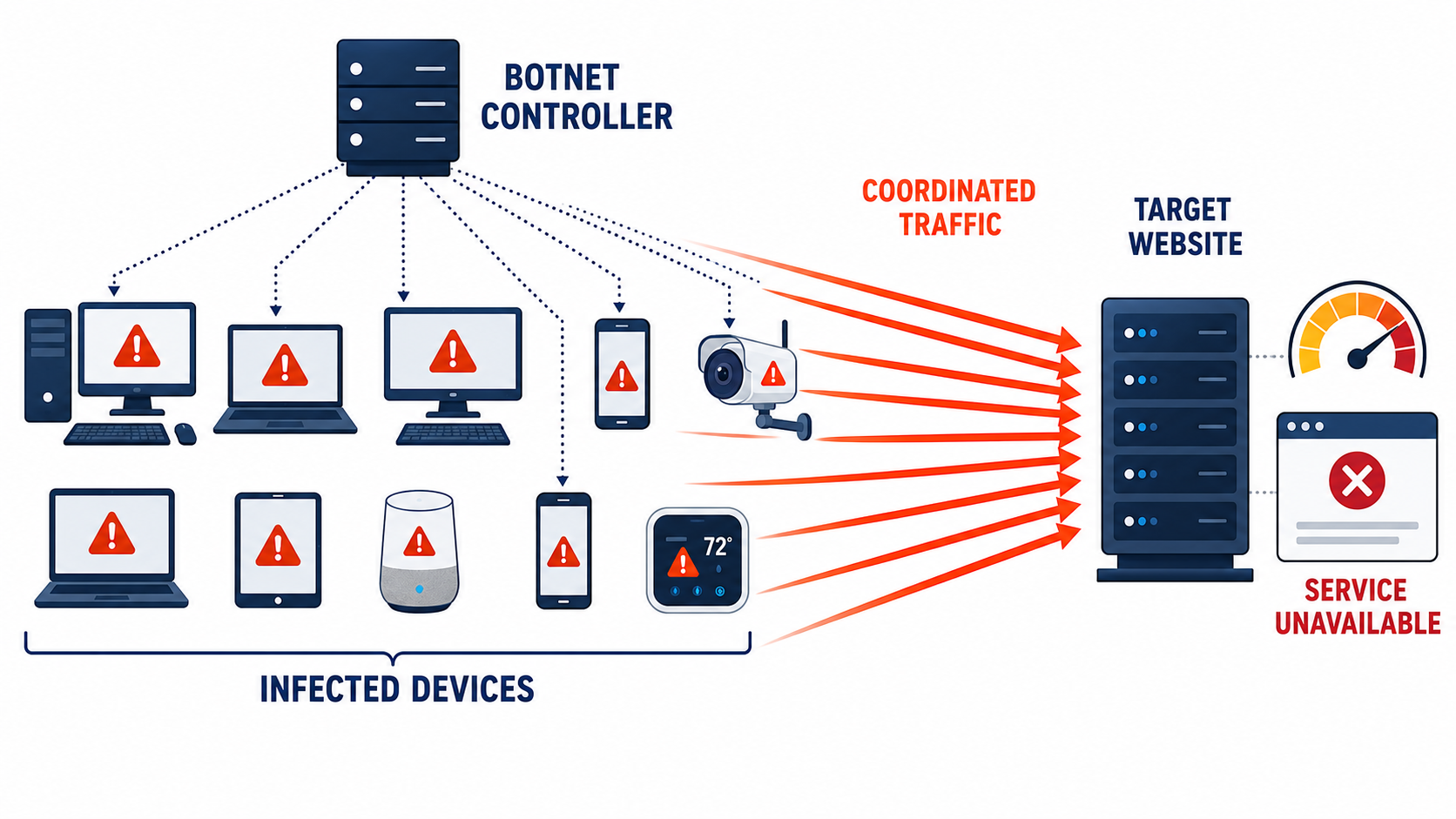 A botnet controller at the top sends dotted command lines down to a group of infected devices including desktops, laptops, tablets, smartphones, a smart speaker, a networked camera, and a smart thermostat. Solid arrows labeled coordinated traffic converge from those devices onto a target website server, where a load gauge reads at maximum and a browser window displays service unavailable.
