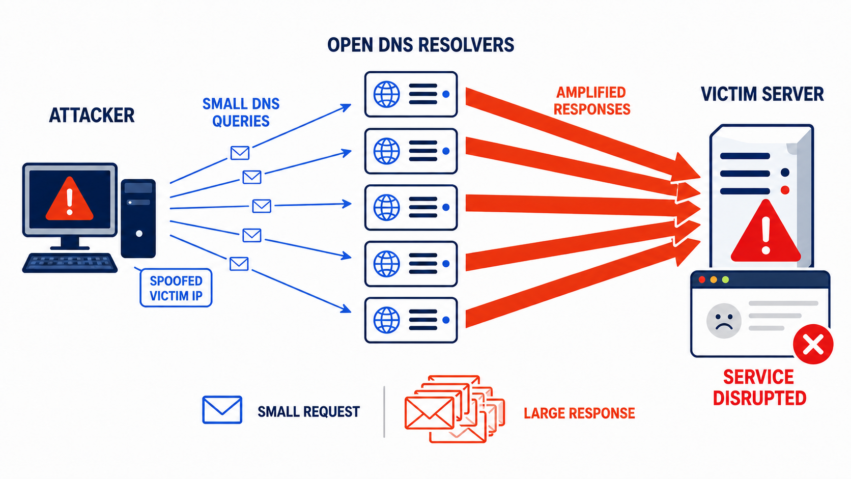 An attacker sends small DNS queries carrying a spoofed victim IP address to a column of open DNS resolvers. The resolvers return much larger responses, drawn as wide arrows labeled amplified responses, all directed at the victim server, which displays service disrupted. A legend contrasts a single small request envelope with a stack of large response envelopes.