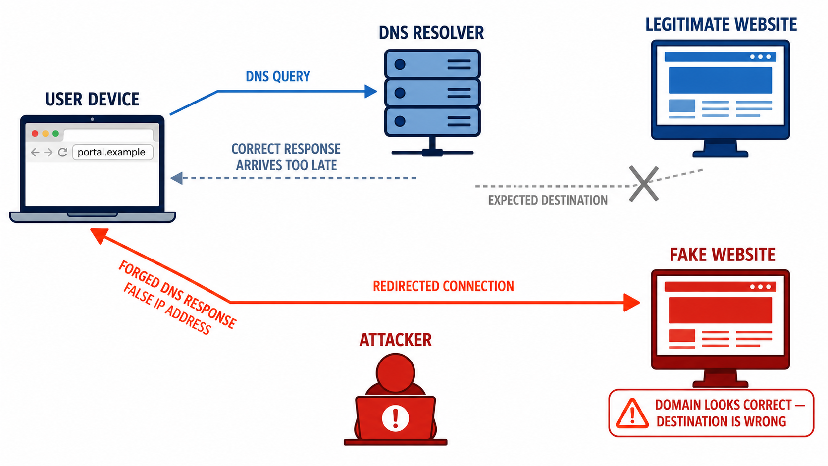 A user device sends a DNS query for portal.example to a DNS resolver. An attacker injects a forged DNS response containing a false IP address, which reaches the user first; the correct response from the resolver arrives too late and is discarded. The expected path to the legitimate website is crossed out. The user's connection is redirected to a fake website, with a warning reading the domain looks correct but the destination is wrong.