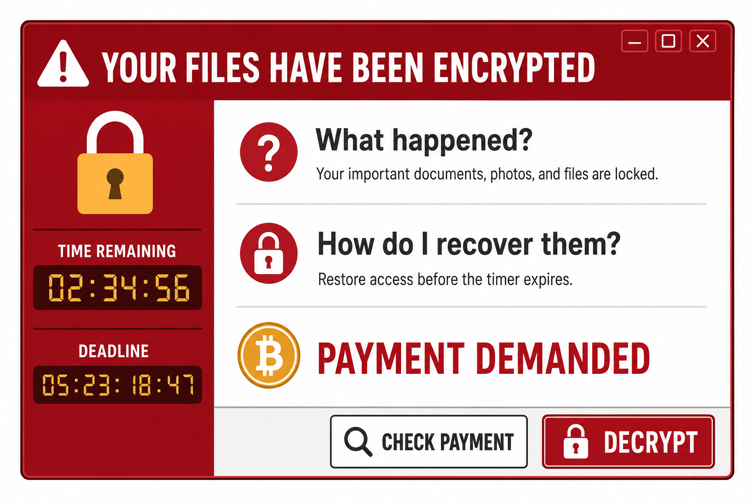 A simulated ransomware lock screen. A red header reads: your files have been encrypted. A padlock icon sits beside two countdown displays labeled time remaining and deadline. Three prompts read: What happened? Your important documents, photos, and files are locked. How do I recover them? Restore access before the timer expires. Payment demanded, shown with a cryptocurrency symbol. Two buttons at the bottom read check payment and decrypt.