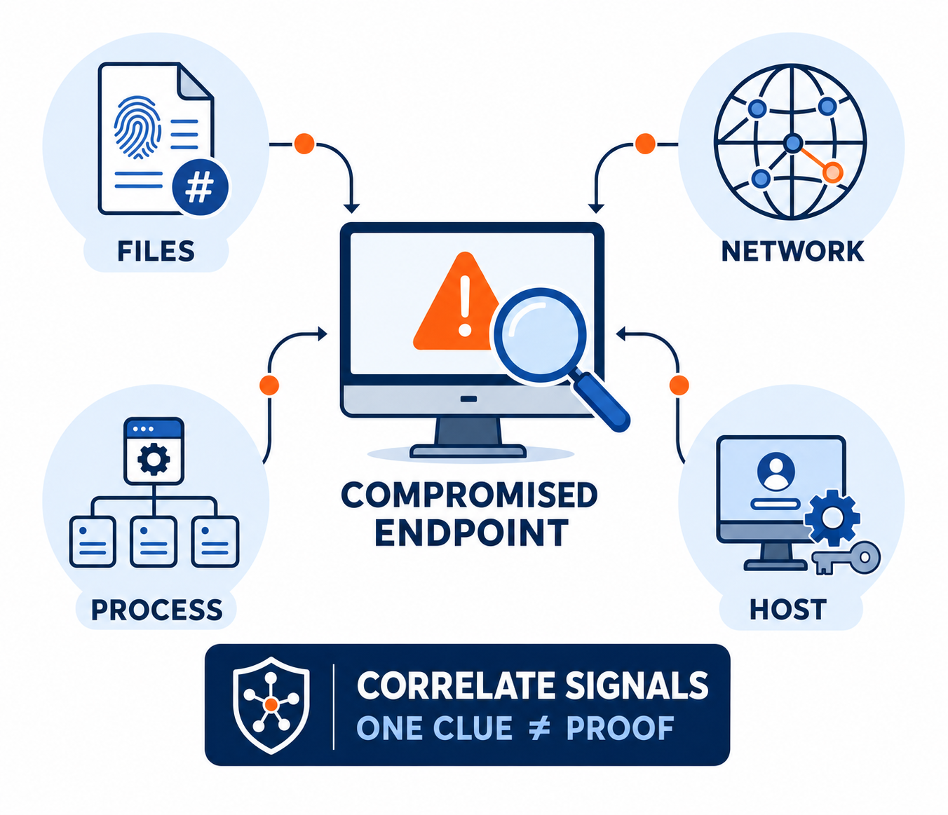 A compromised endpoint at the center, marked with a warning symbol and a magnifying glass, receives arrows from four surrounding categories of evidence: files, represented by a document with a fingerprint and a hash symbol; network, represented by a globe with linked nodes and one anomalous connection highlighted; process, represented by a process tree; and host, represented by a workstation with account and credential icons. A banner below reads: correlate signals, one clue does not equal proof.