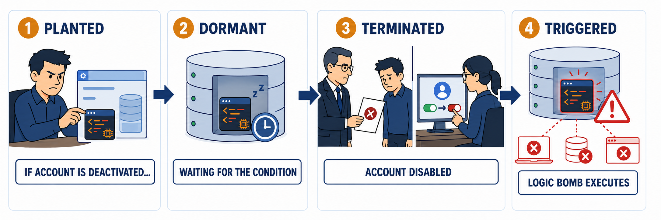 Four numbered stages. One, planted: an insider inserts code with the condition if account is deactivated. Two, dormant: the code sits inside a database server waiting for the condition, shown with sleep marks and a clock. Three, terminated: the employee is dismissed and an administrator disables the account. Four, triggered: the logic bomb executes and destroys systems, databases, and applications.