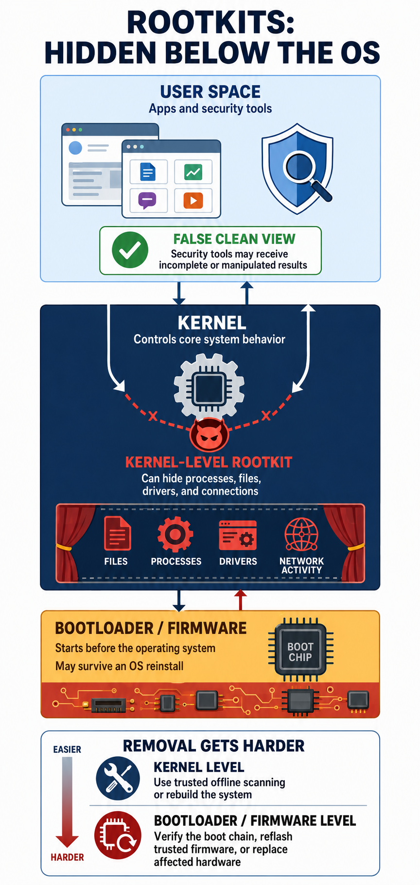A layered stack. The top layer, user space, holds applications and security tools and displays a false clean view where security tools receive incomplete or manipulated results. The middle layer, the kernel, controls core system behavior and contains a kernel-level rootkit that can hide files, processes, drivers, and network activity, illustrated as a stage curtain concealing those four items. The bottom layer, bootloader and firmware, starts before the operating system and may survive an OS reinstall. A closing panel titled removal gets harder shows kernel level, use trusted offline scanning or rebuild the system, and bootloader or firmware level, verify the boot chain, reflash trusted firmware, or replace affected hardware.