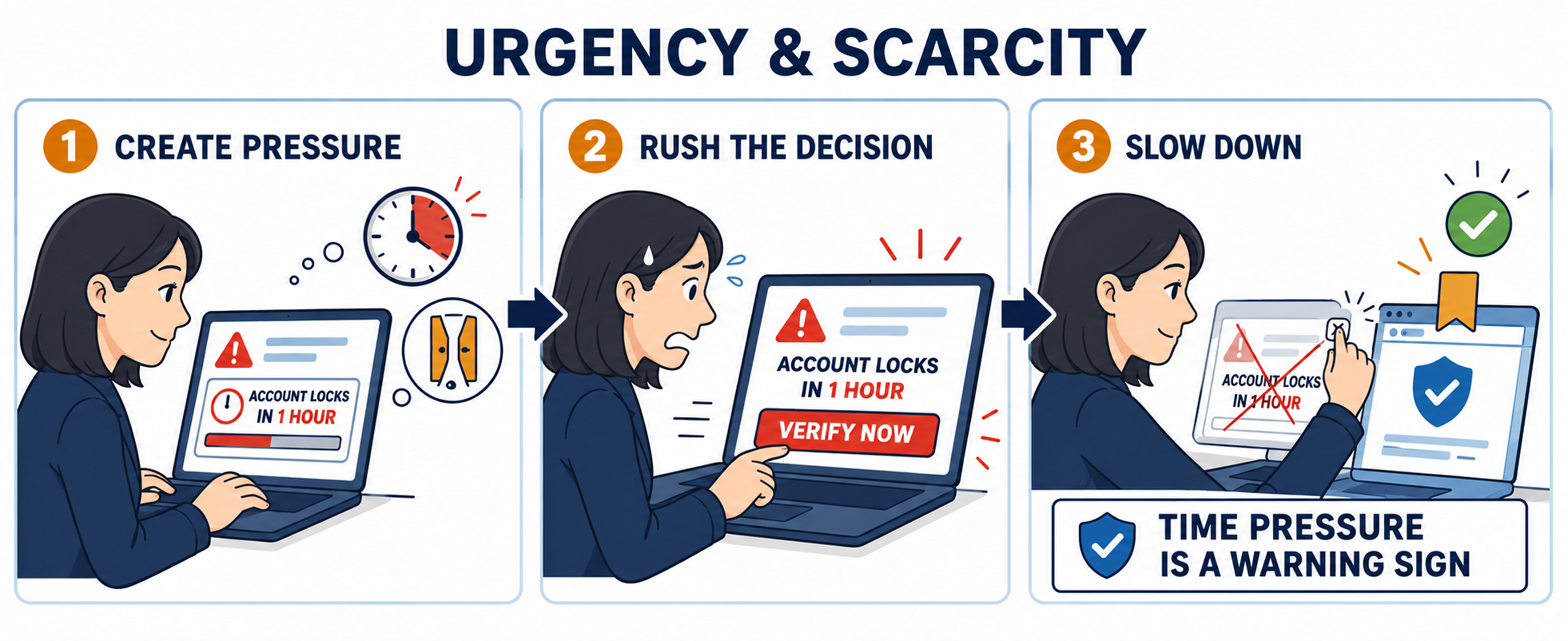 Three numbered panels. One, create pressure: a user sees a warning that the account locks in one hour, alongside a clock and an hourglass. Two, rush the decision: the user is visibly stressed and reaches for a Verify Now button. Three, slow down: the user dismisses the warning and opens a trusted bookmark instead, with a banner reading time pressure is a warning sign.