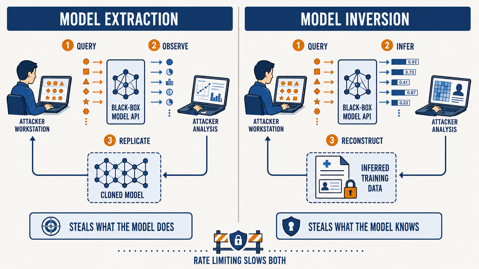 Two side-by-side panels. Model extraction: an attacker queries a black-box model API with varied inputs, observes the returned classifications, and replicates the behavior as a cloned model; a caption reads steals what the model does. Model inversion: an attacker queries the same style of API, infers information from the numeric confidence scores returned, and reconstructs inferred training data shown as a medical record; a caption reads steals what the model knows. A shared note at the bottom reads: rate limiting slows both.