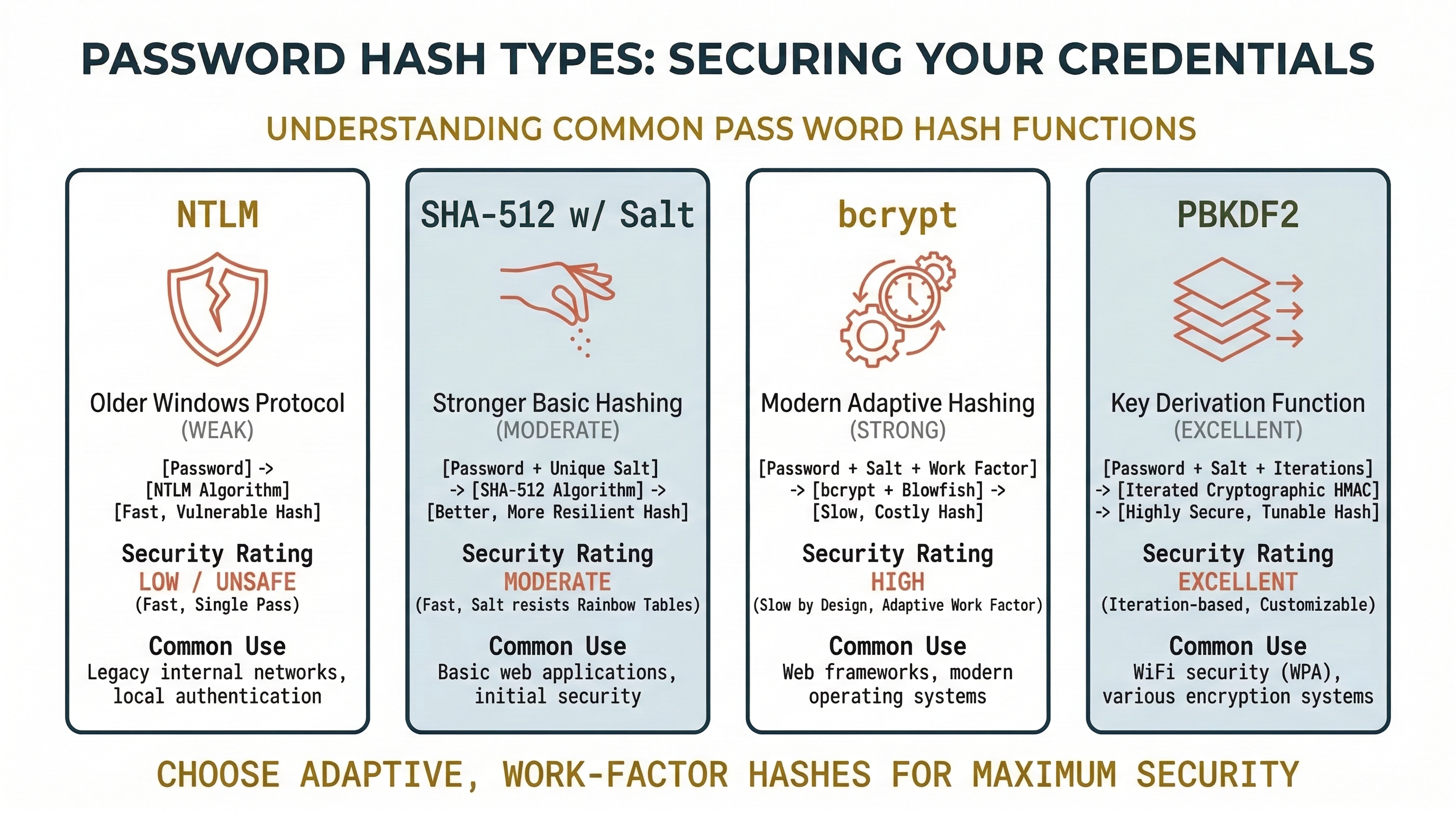 Four-column comparison of password hash types arranged from weakest to strongest: NTLM (low/unsafe, fast single-pass used in legacy Windows), SHA-512 with Salt (moderate, resists rainbow tables for basic web apps), bcrypt (high, slow adaptive hashing for modern operating systems), and PBKDF2 (excellent, iteration-based key derivation used in WiFi security and encryption systems). Each column shows the hashing process, security rating, and common use cases.