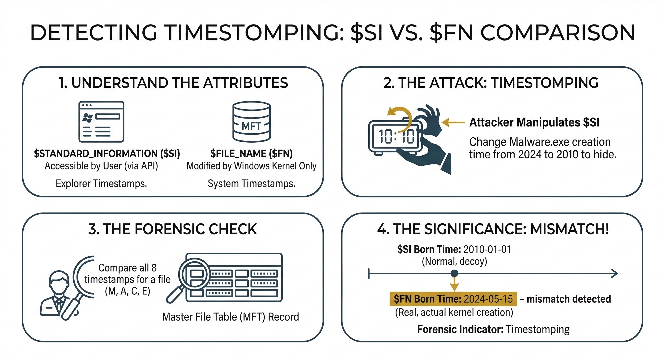 Four-panel infographic explaining timestomping detection by comparing $STANDARD_INFORMATION and $FILE_NAME MFT attributes. Panel 1 defines the two attributes and their access levels. Panel 2 shows how an attacker manipulates $SI timestamps. Panel 3 illustrates the forensic check of comparing all eight timestamps in the MFT record. Panel 4 reveals the mismatch between a decoy $SI born time of 2010 and the real $FN kernel creation time of 2024, confirming timestomping.