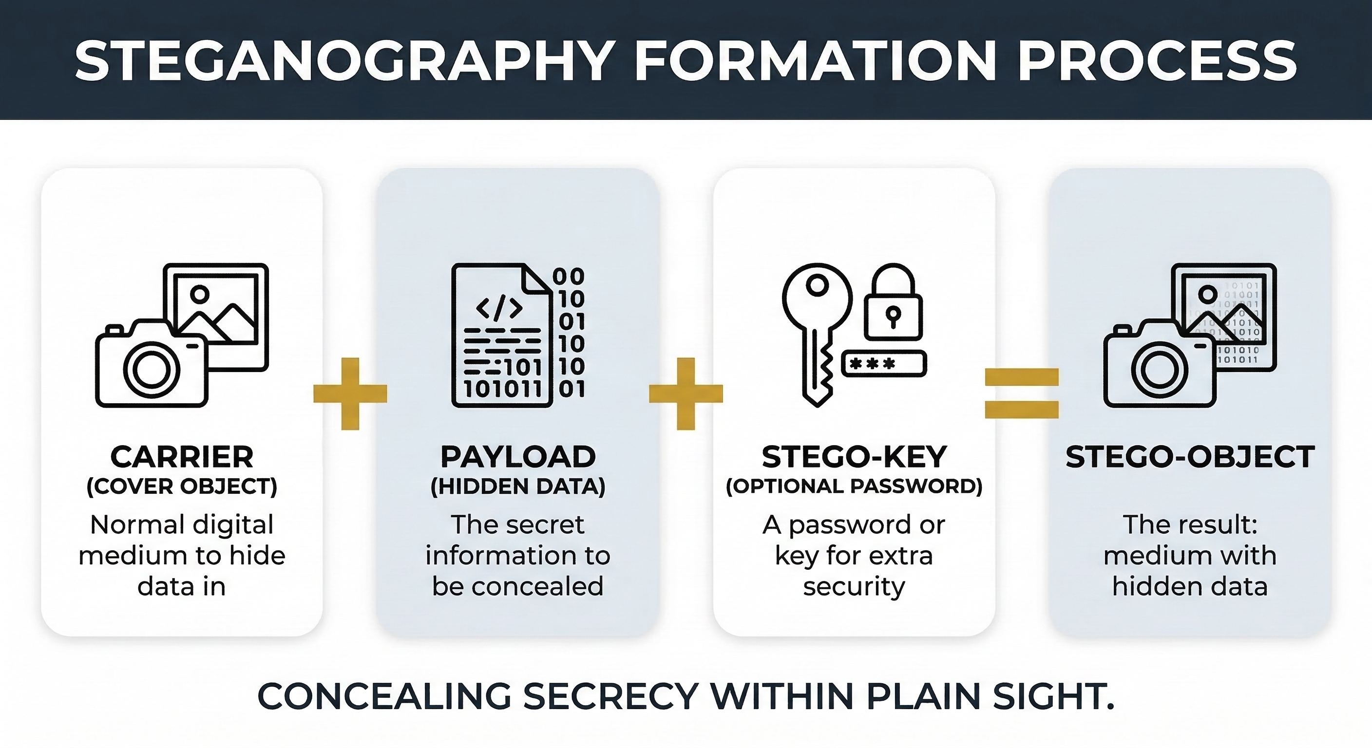 Infographic showing the steganography formation process as a four-part equation: a Carrier (the normal cover object like an image), plus a Payload (the secret hidden data), plus an optional Stego-Key (password for extra security), equals the Stego-Object (the resulting medium with concealed data embedded inside).