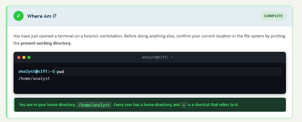 Screenshot of an interactive forensic exercise titled 'Where Am I?' with a green checkmark icon and a 'COMPLETE' badge. The instruction reads: 'You have just opened a terminal on a forensic workstation. Before doing anything else, confirm your current location in the file system by printing the present working directory.' Below is a dark terminal window showing the prompt 'analyst@sift:~$' with the command 'pwd' entered and the output '/home/analyst.' A green explanation box at the bottom reads: 'You are in your home directory, /home/analyst. Every user has a home directory, and ~ is a shortcut that refers to it.'