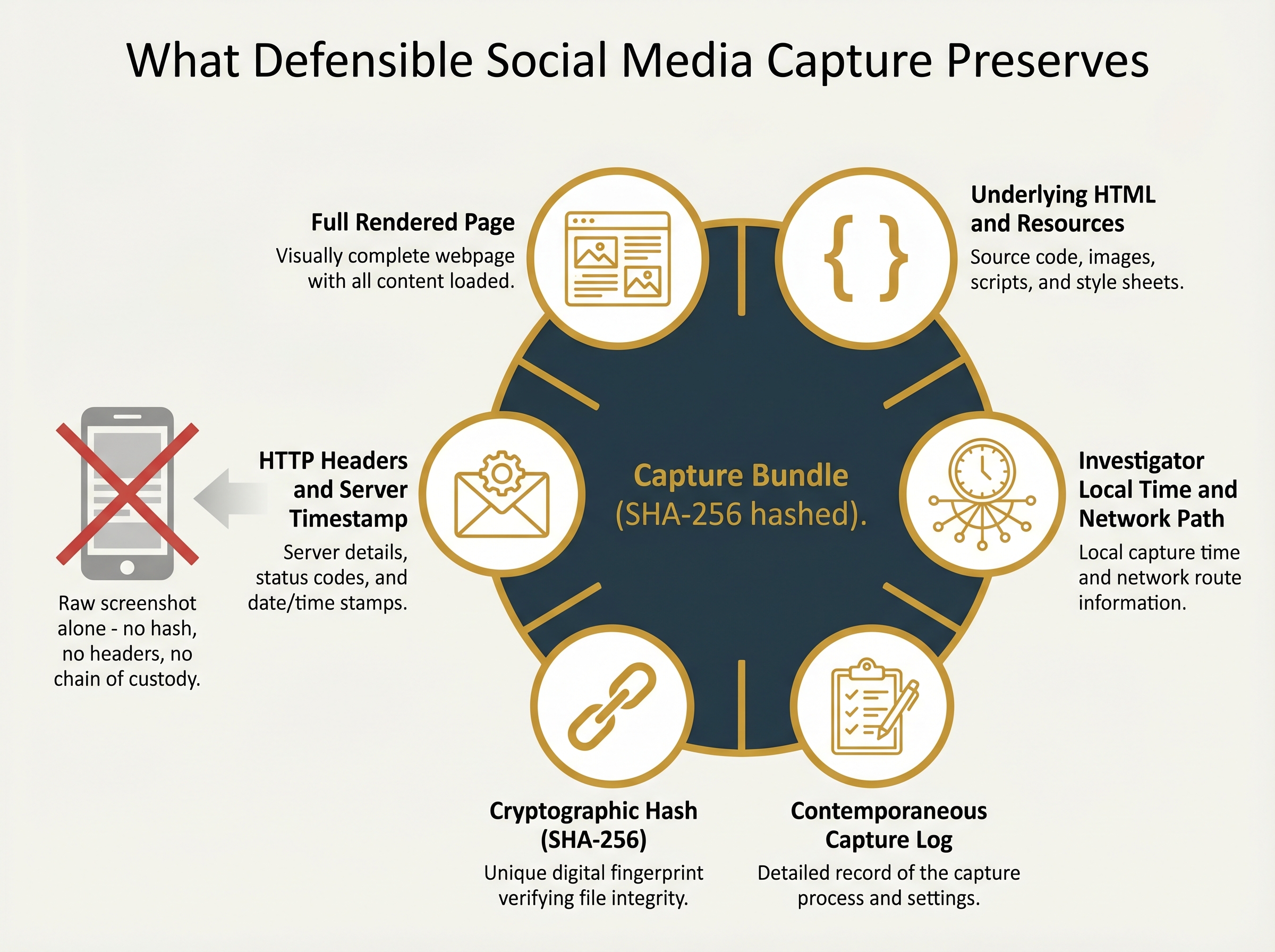A diagram titled What Defensible Social Media Capture Preserves. A central capture-bundle container labeled SHA-256 hashed contains six elements: full rendered page, underlying HTML and resources, HTTP headers and server timestamp, investigator local time and network path, cryptographic hash, and contemporaneous capture log. To the left, a crossed-out screenshot icon is labeled raw screenshot alone, no hash, no headers, no chain of custody.