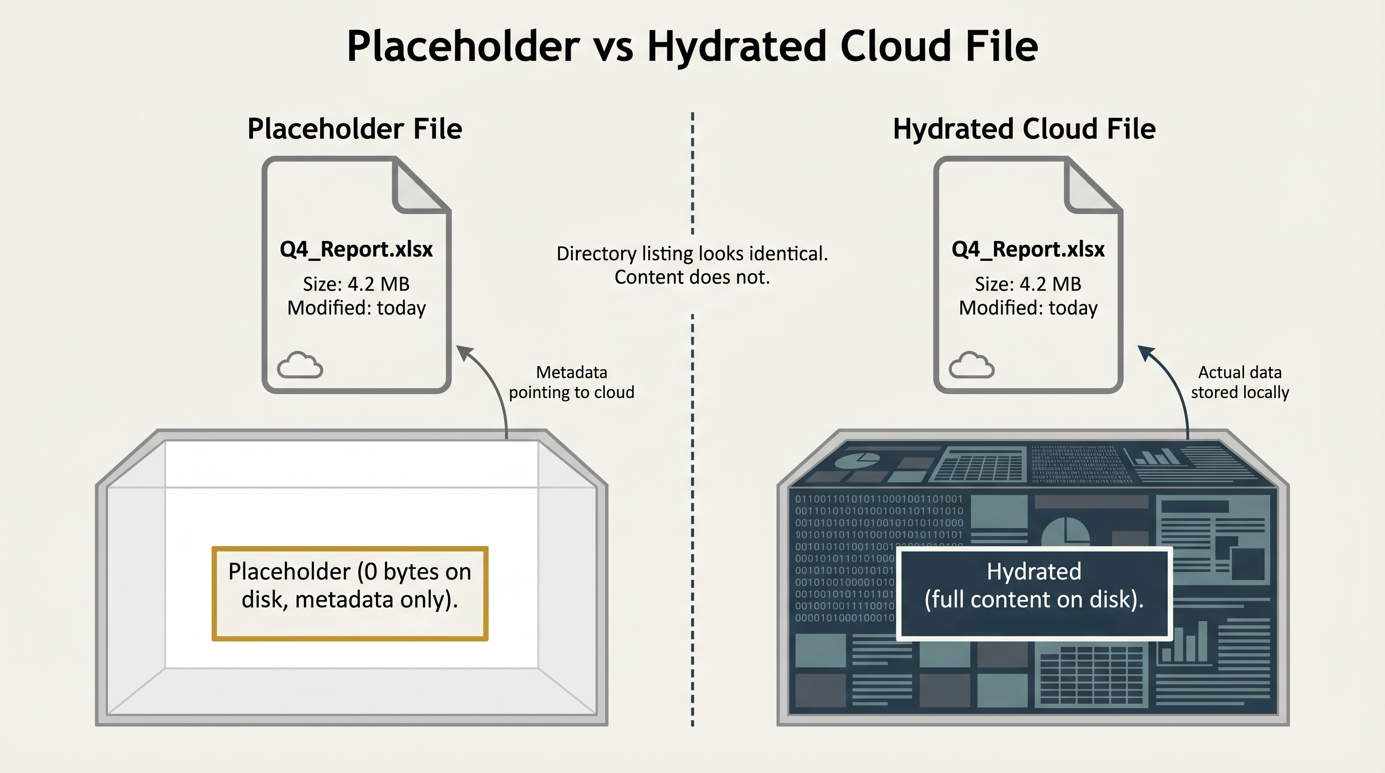 Two visually identical file icons labeled Q4_Report.xlsx with the same 4.2 MB size and the same modified-today timestamp. A cross-section of the left file reveals an empty interior labeled placeholder, zero bytes on disk, metadata only. A cross-section of the right file reveals a fully filled interior labeled hydrated, full content on disk. A divider between them notes that the directory listing looks identical even though the underlying content does not.