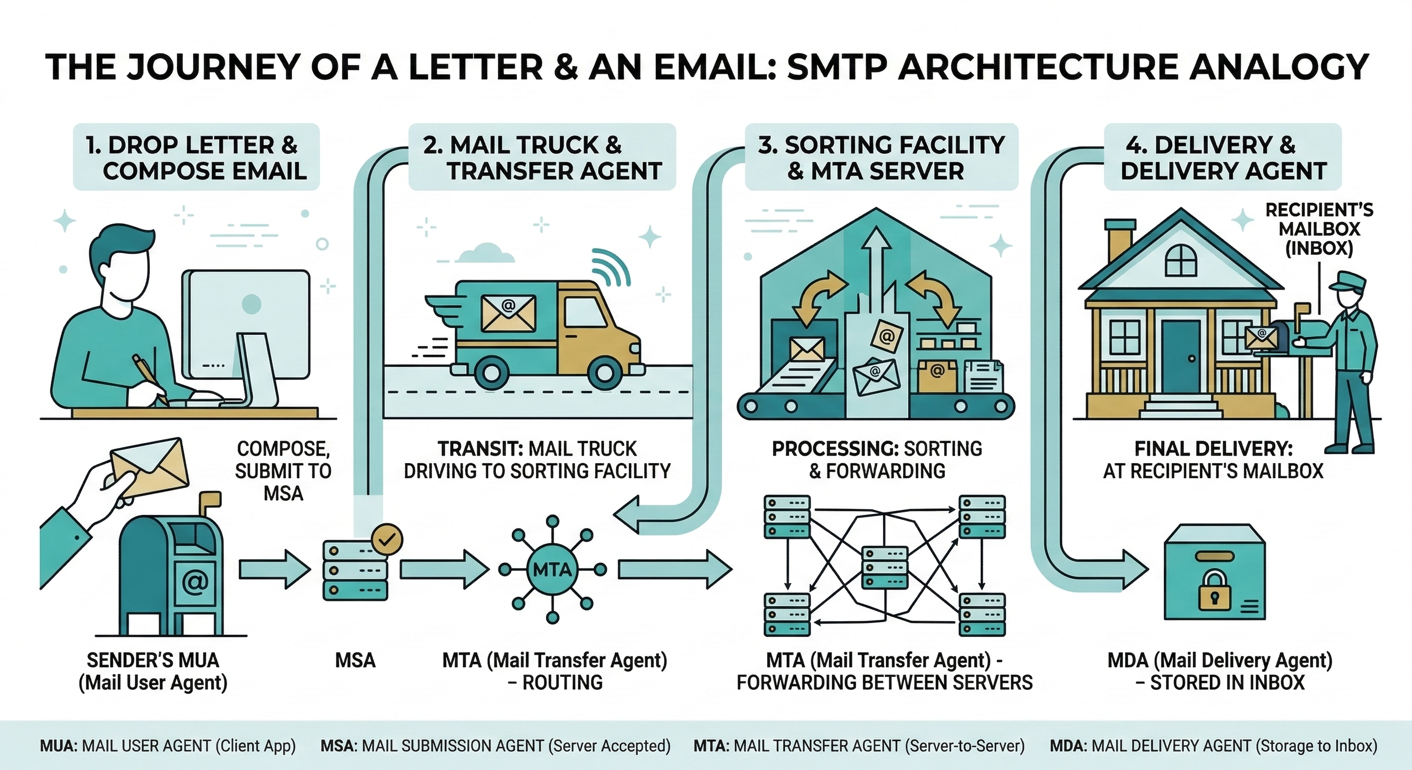 SMTP architecture explained through a postal mail analogy with four stages. Composing an email maps to dropping a letter at the post office via the MUA and MSA, the mail truck represents the MTA routing between servers, the sorting facility represents MTA forwarding, and final delivery by the MDA places the message in the recipient's inbox.