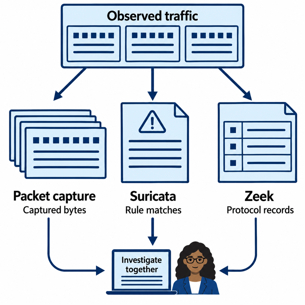 Observed traffic produces captured bytes, Suricata rule matches, and Zeek protocol records that analysts examine together.