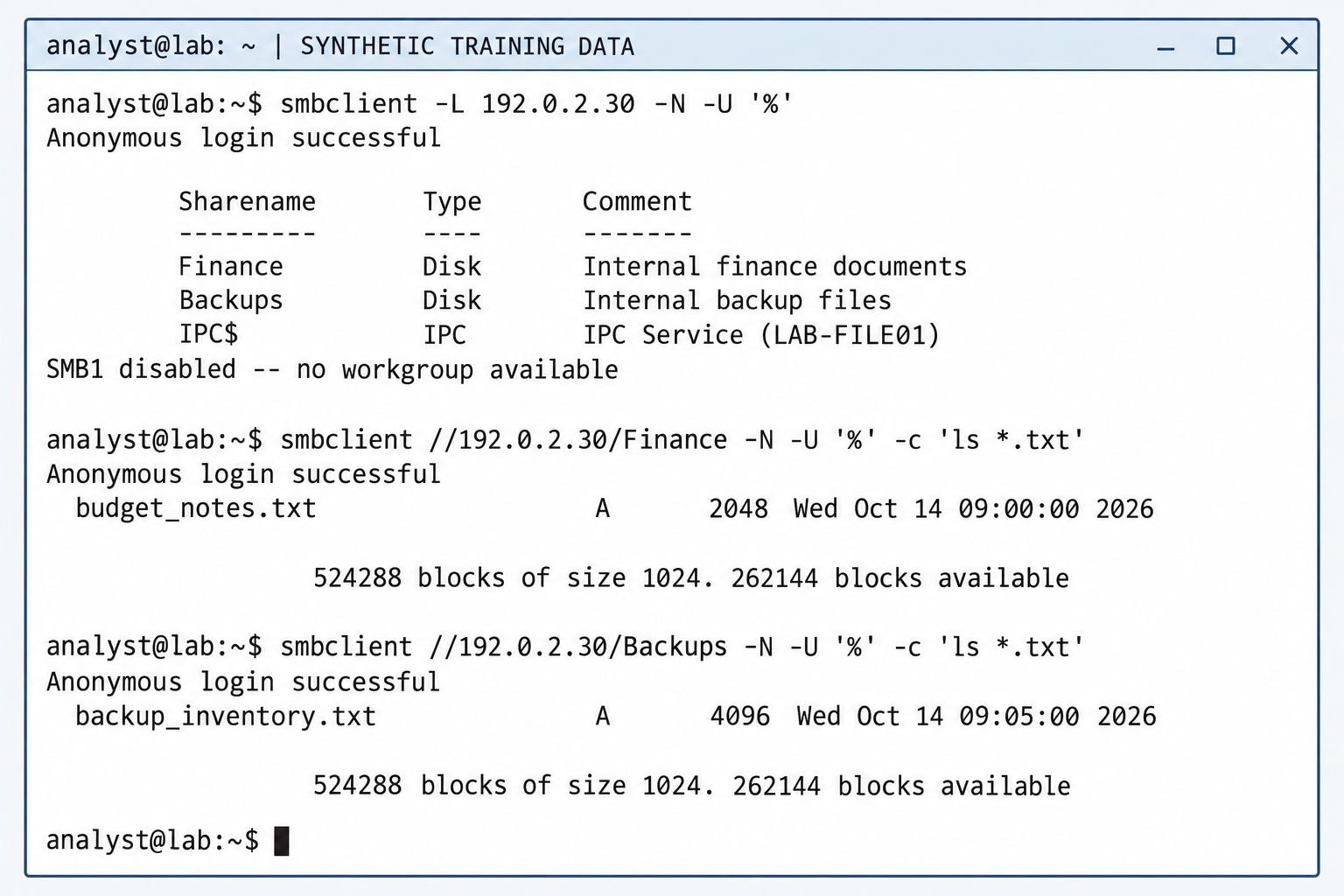 Synthetic smbclient terminal discovers Finance and Backups shares on 192.0.2.30 and successfully lists a text file in each share using empty credentials.