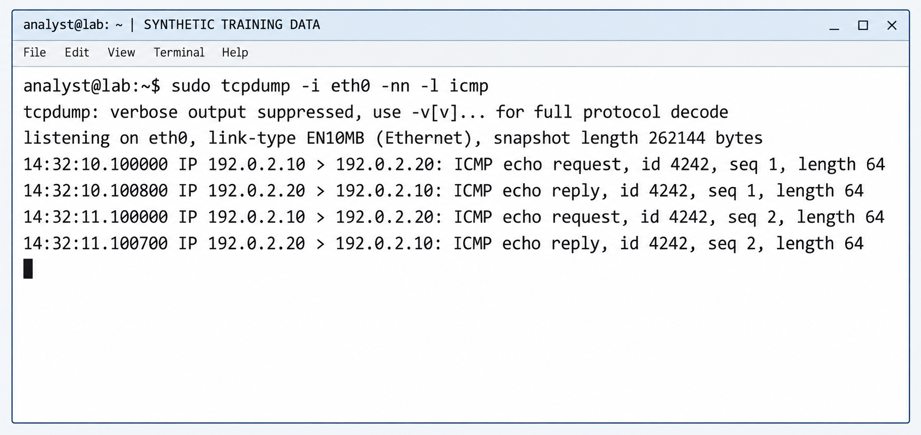 Synthetic Linux terminal showing a live tcpdump command and two ICMP echo request and reply pairs between 192.0.2.10 and 192.0.2.20.
