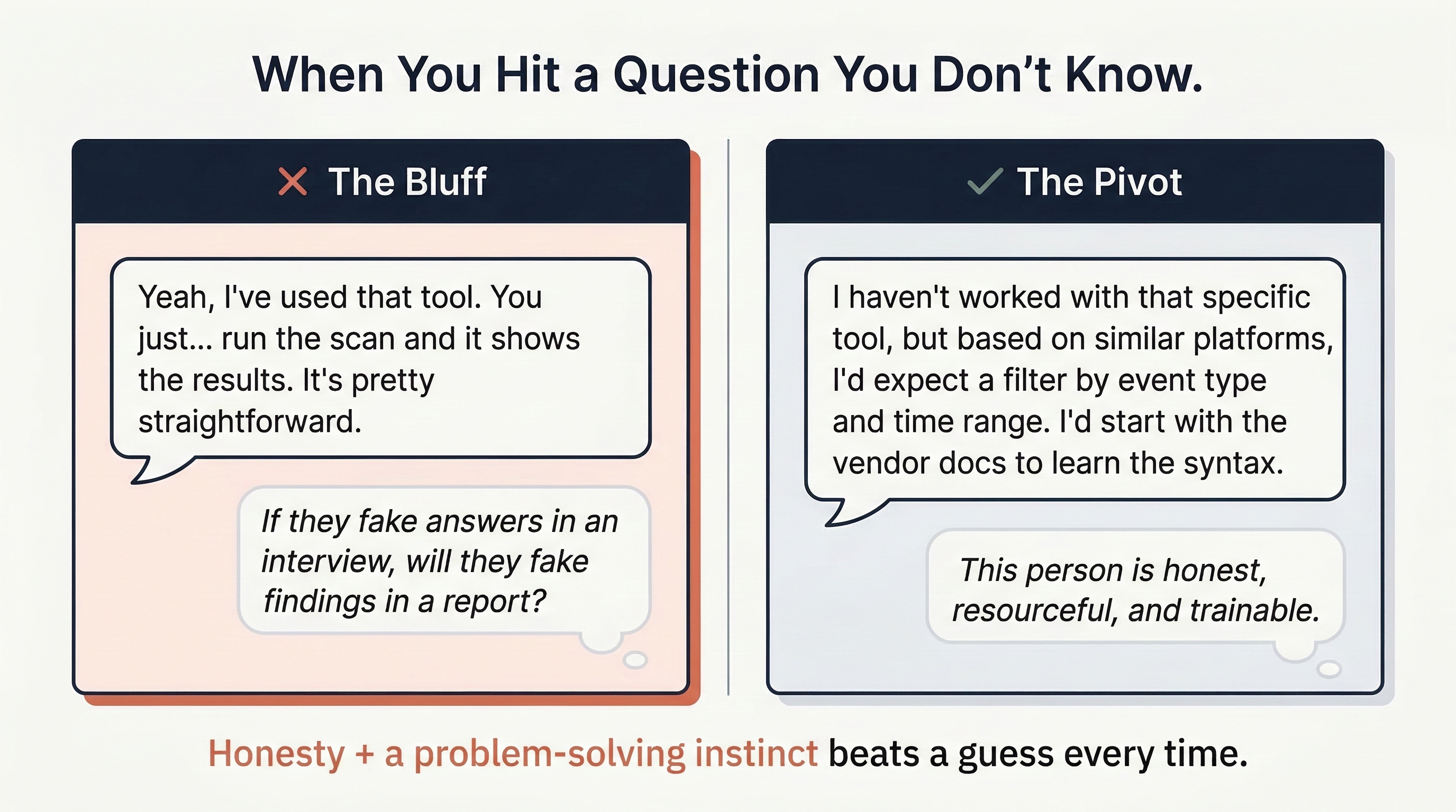 Side-by-side comparison titled When You Hit a Question You Don't Know. The left panel shows The Bluff, a vague answer that fakes familiarity, with the warning that faking answers in interviews suggests faking findings in reports. The right panel shows The Pivot, an honest response that acknowledges the gap while demonstrating transferable reasoning and a learning approach.