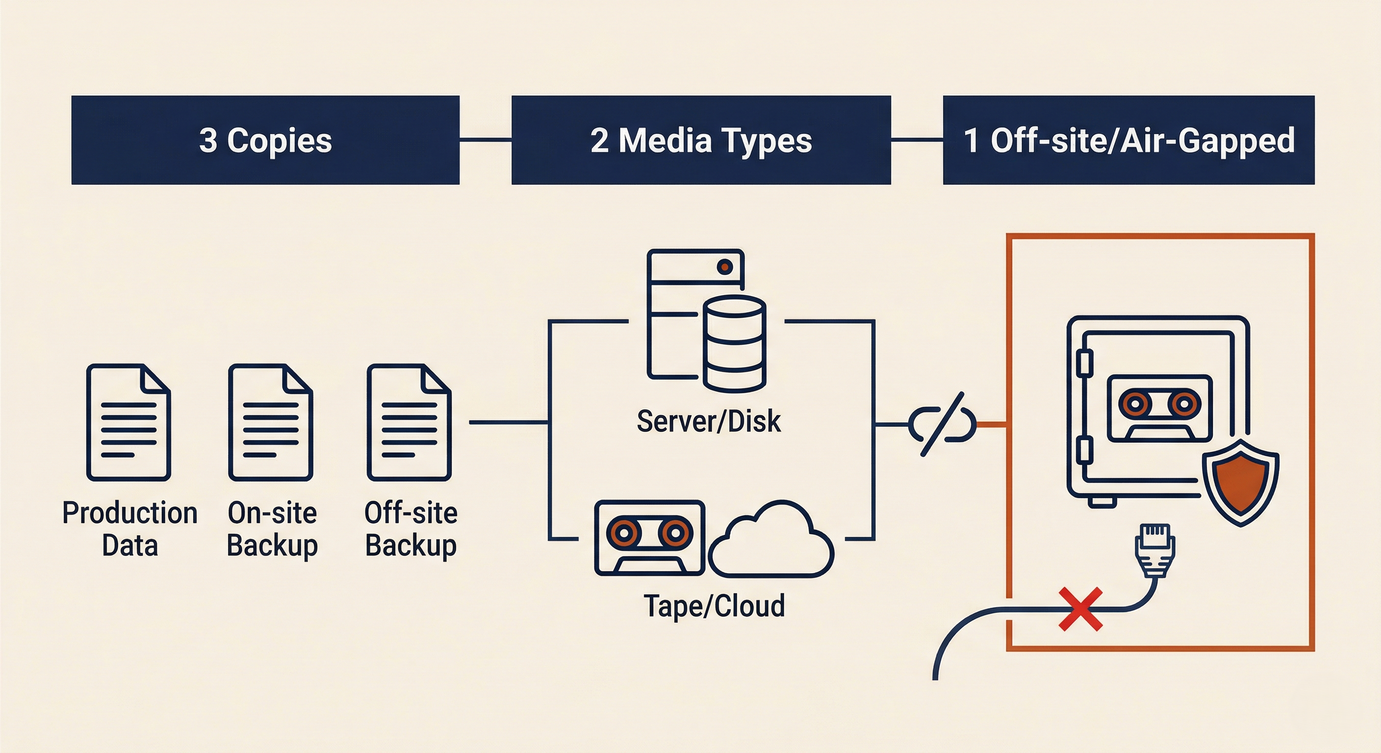 Diagram of the 3-2-1 backup rule showing three copies of data across two media types with one air-gapped copy stored offline, highlighted as the last line of defense against ransomware with a disconnected network symbol.