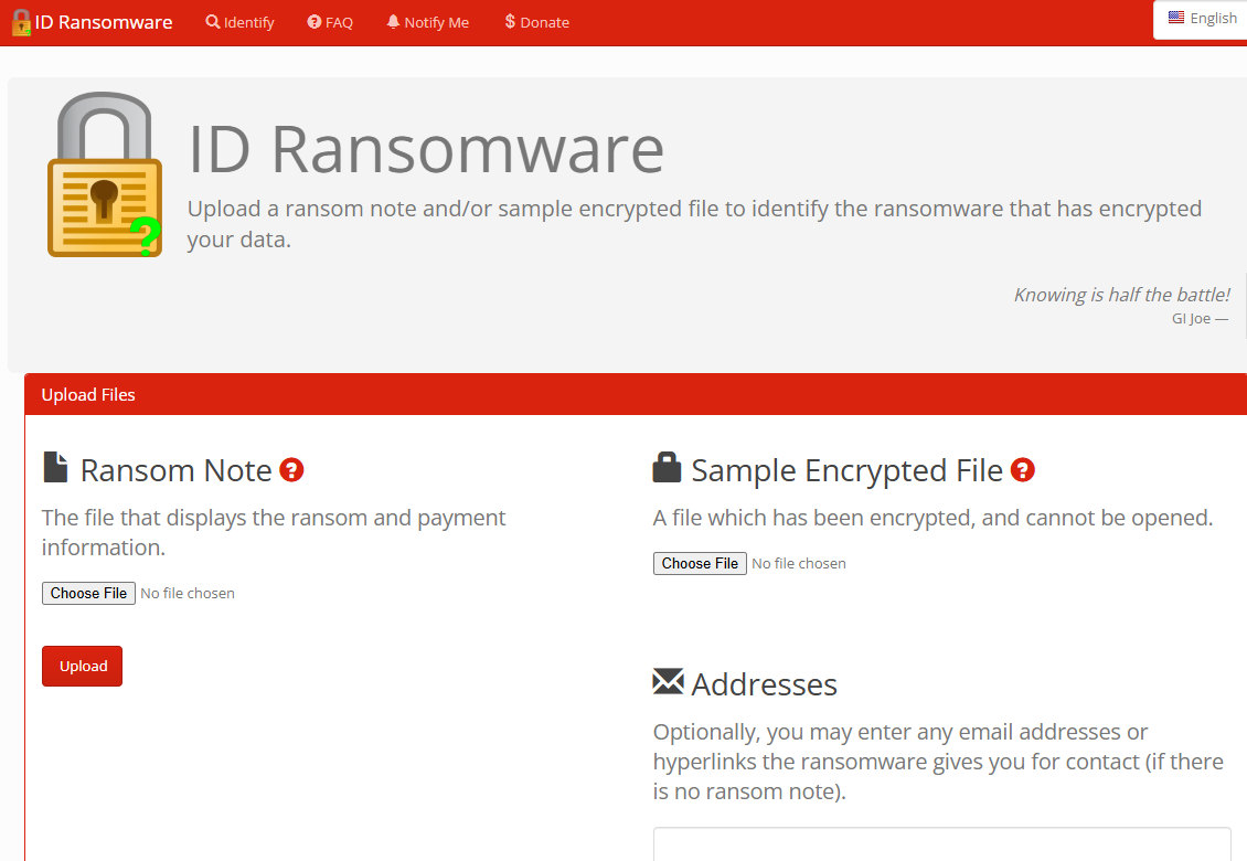 Screenshot of the ID Ransomware website showing the upload interface where responders can submit a ransom note or sample encrypted file to identify the ransomware strain from a database of over 1,100 known families.