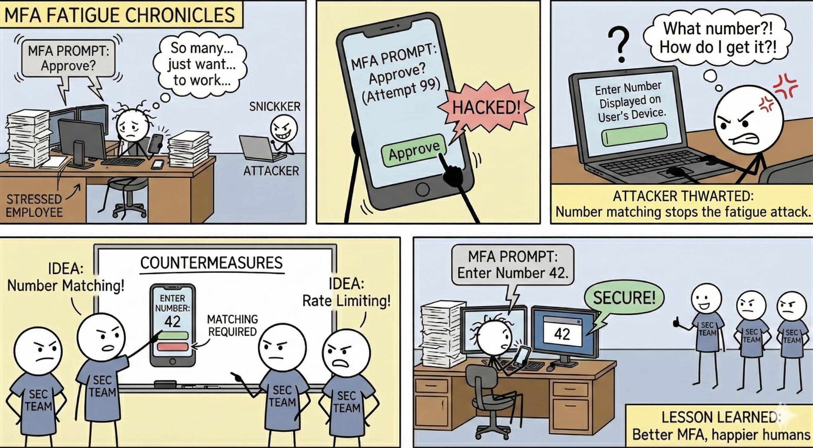 A comic strip detailing the process outlined above of a MFA fatigue attack.