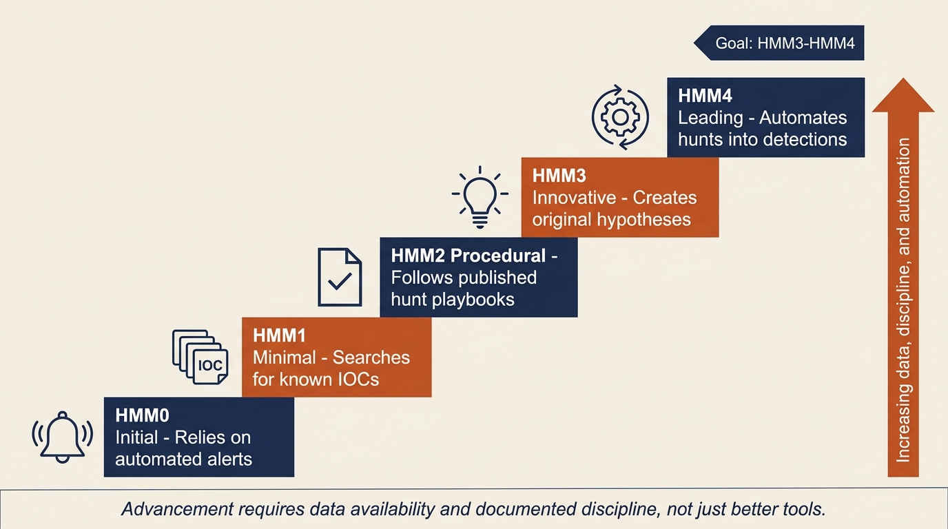 Five-step ascending staircase representing the Threat Hunting Maturity Model from HMM0 Initial through HMM4 Leading, with each level describing the organization's hunting posture and a vertical arrow indicating increasing data and discipline as the primary driver of advancement.