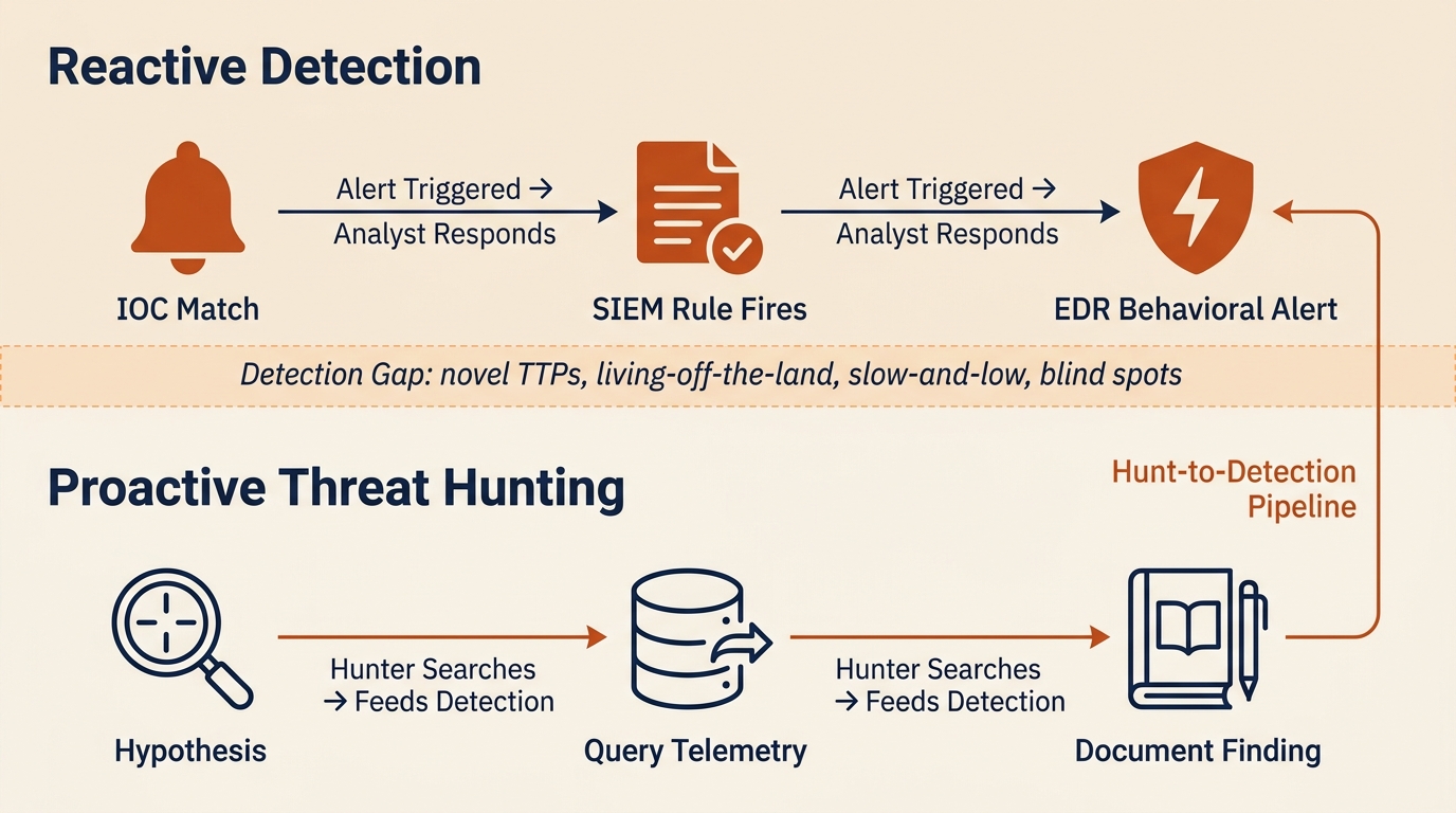 Two-band comparison diagram showing reactive detection across the top (IOC match, SIEM rule, EDR alert feeding an analyst response) and proactive threat hunting across the bottom (hypothesis, query, document), with a labeled detection gap between them and a feedback arrow from hunting back into detection.
