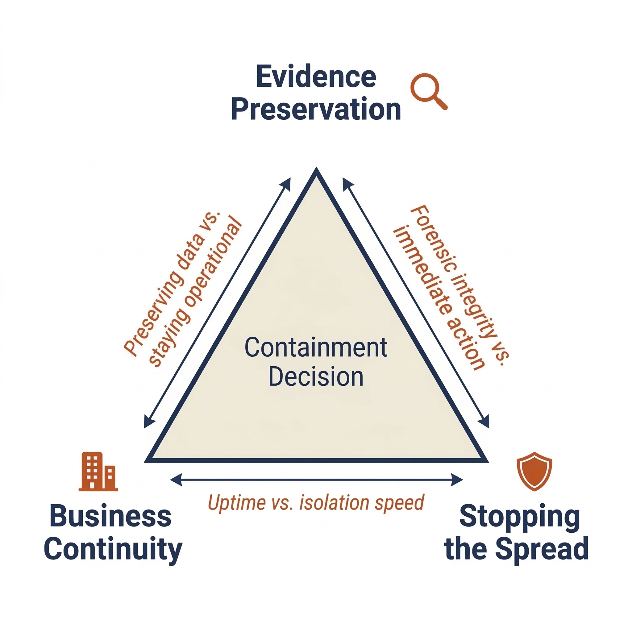 Triangle diagram illustrating the three competing priorities in every containment decision: Evidence Preservation at the top, Business Continuity at the bottom left, and Stopping the Spread at the bottom right. Each side of the triangle labels the tension between adjacent priorities: preserving data versus staying operational, forensic integrity versus immediate action, and uptime versus isolation speed.