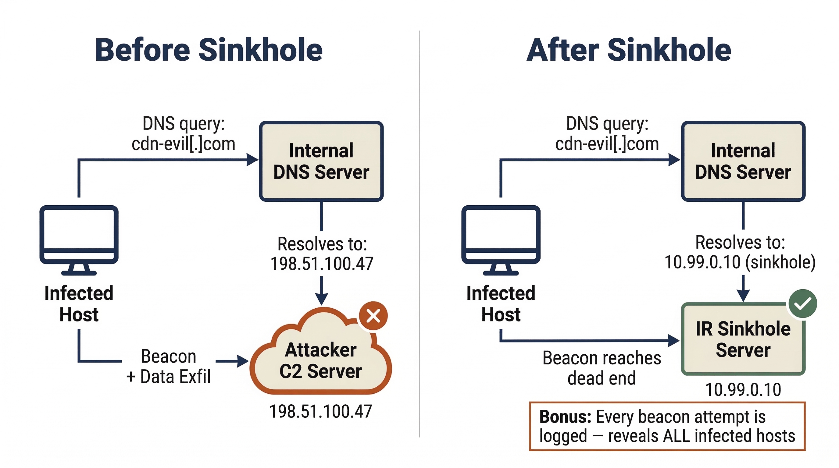 Before-and-after comparison of a DNS sinkhole containment technique. On the left, the infected host queries a malicious domain that resolves to the attacker's C2 server, enabling beacon traffic and data exfiltration. On the right, the same DNS query is redirected by the internal DNS server to an internal sinkhole IP, causing the beacon to reach a dead end while logging every attempt to reveal all infected hosts on the network.