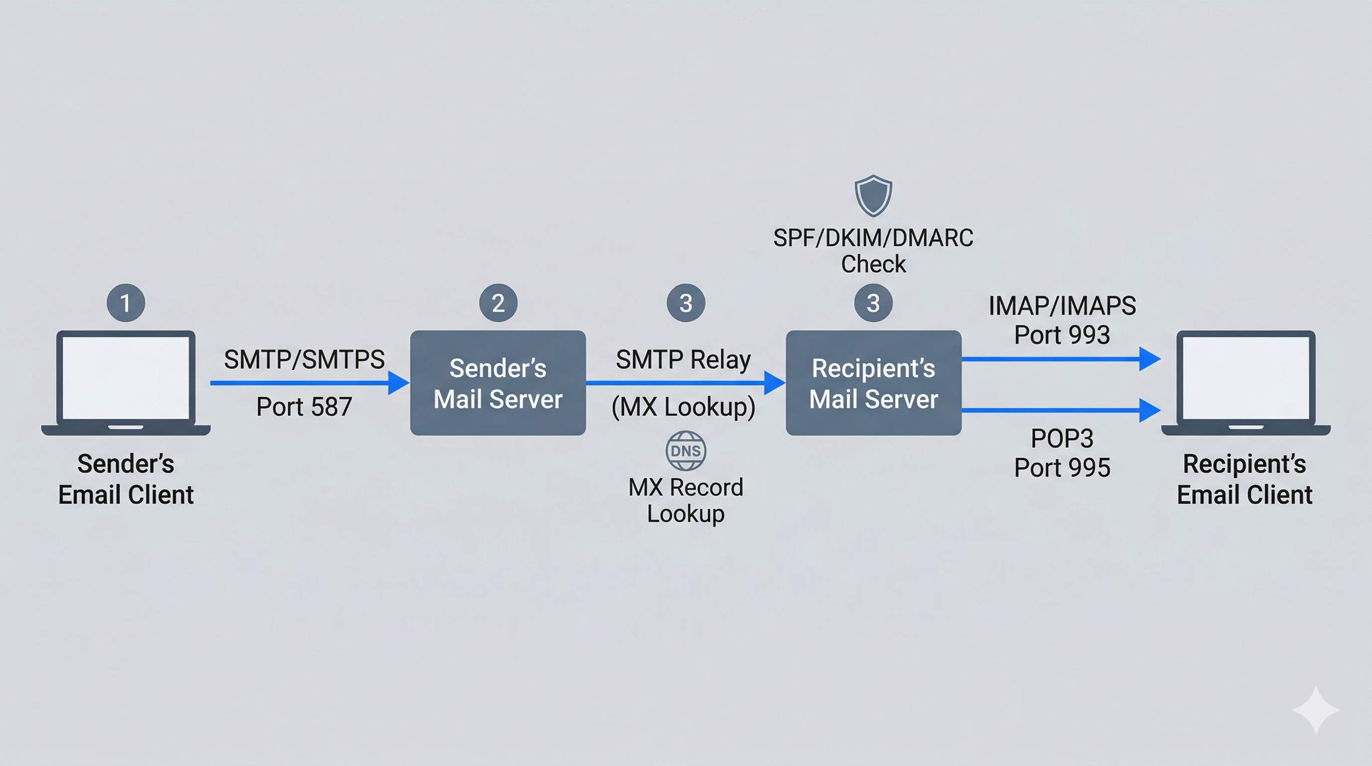 Horizontal flowchart showing email transmission from sender client through SMTP submission to sender mail server, SMTP relay with DNS MX lookup to recipient mail server where SPF, DKIM, and DMARC checks occur, then retrieval via IMAP or POP3 to the recipient client.