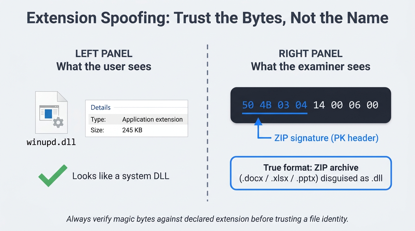 Split-panel comparison showing a file named winupd.dll as it appears to a user versus the hex editor view an examiner sees, revealing the ZIP magic bytes (50 4B 03 04) that prove the file is actually a disguised Office document.