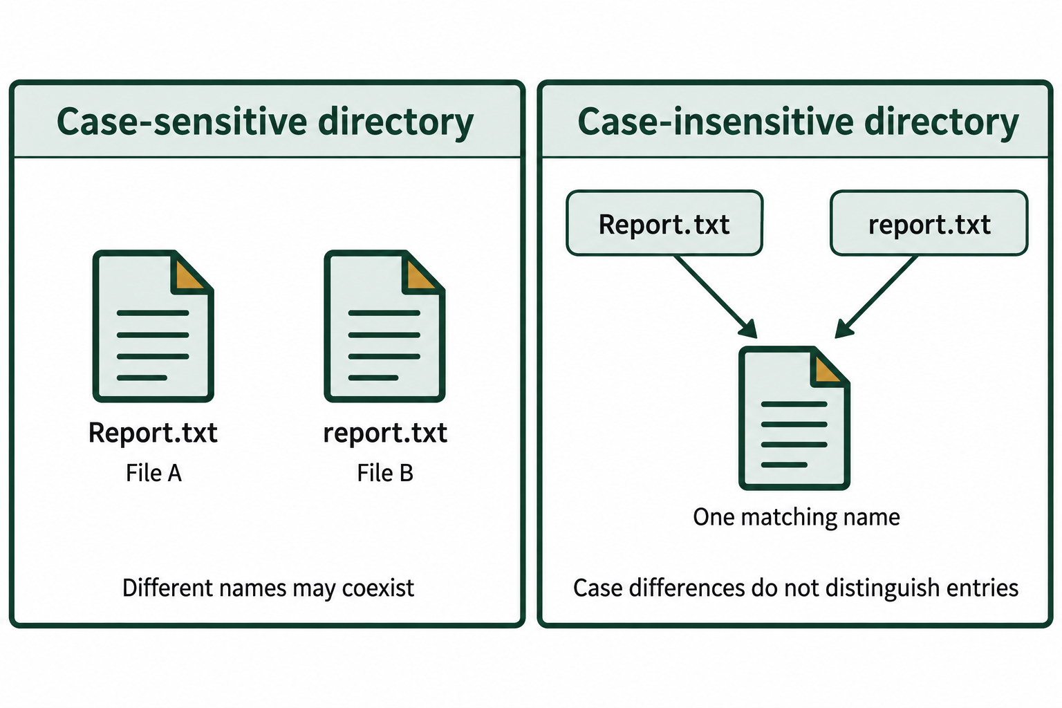 A case-sensitive directory can distinguish Report.txt from report.txt. Under case-insensitive lookup, those two queries match the same name.