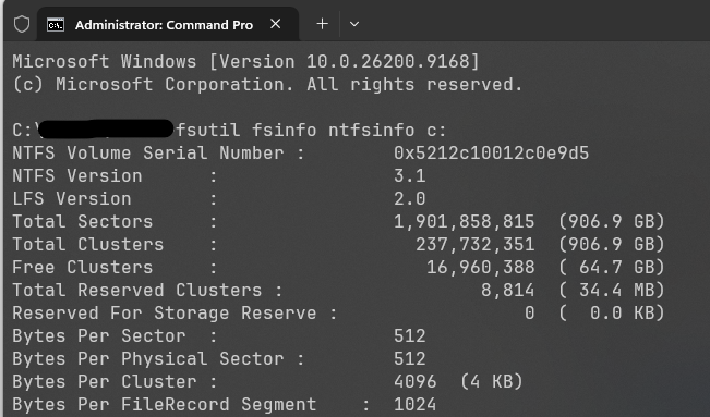 Windows Command Prompt (Administrator) showing fsutil fsinfo ntfsinfo c: output with NTFS volume details including: Bytes Per Sector: 512, Bytes Per Physical Sector: 512, Bytes Per Cluster: 4096 (4 KB), and Total Sectors: 1,901,858,815