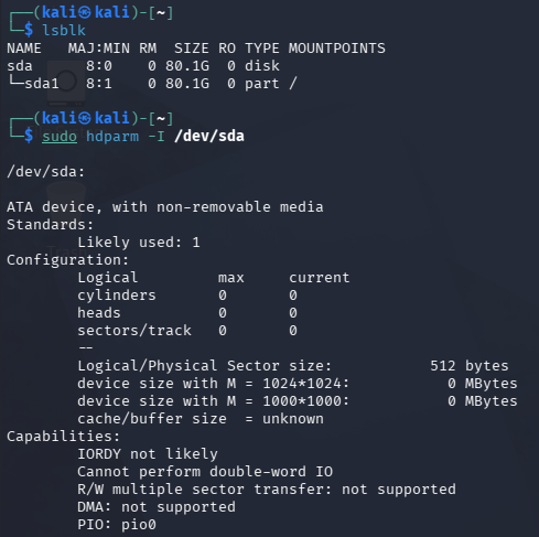 Linux terminal showing hdparm -I /dev/sda command output with ATA device information displaying Logical/Physical Sector size: 512 bytes