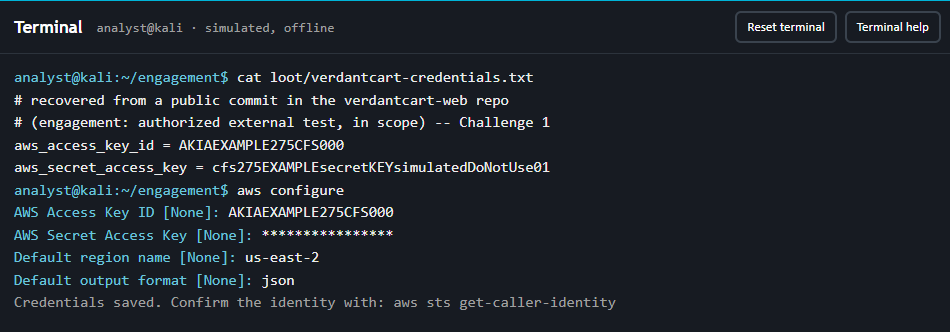 Launch the Cloud Credential Attack Walkthrough (opens in a new tab). Preview shows the simulated terminal loading fictional credentials with aws configure.