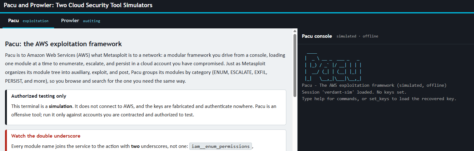 Launch the Pacu and Prowler Cloud Security Simulators (opens in a new tab). Preview shows tool-selection tabs, guided instructions, and a simulated Pacu console.