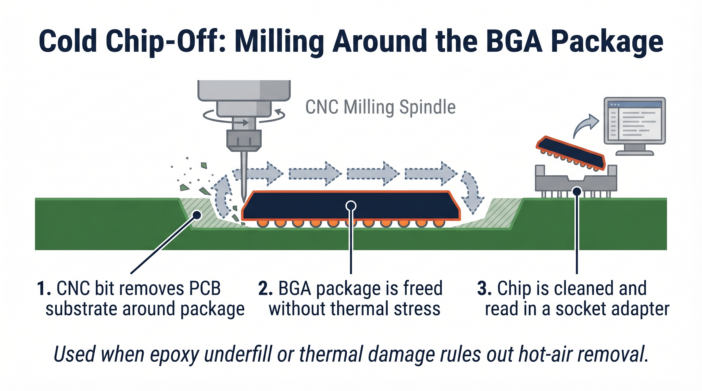 Cross-section side-view illustration titled Cold Chip-Off: Milling Around the BGA Package showing a green PCB with a black BGA chip mounted on it. A gray CNC milling spindle with a 0.3 millimeter bit is positioned above the chip, and dotted arrows around the chip's perimeter indicate the milling path that removes the PCB substrate around the chip. The chip itself is highlighted with a thin orange outline and remains intact while the surrounding PCB substrate is being machined away. Three numbered callouts read: 1. CNC bit removes PCB substrate around package, 2. BGA package is freed without thermal stress, 3. Chip is cleaned and read in a socket adapter. A bottom note in italics reads: Used when epoxy underfill or thermal damage rules out hot-air removal.