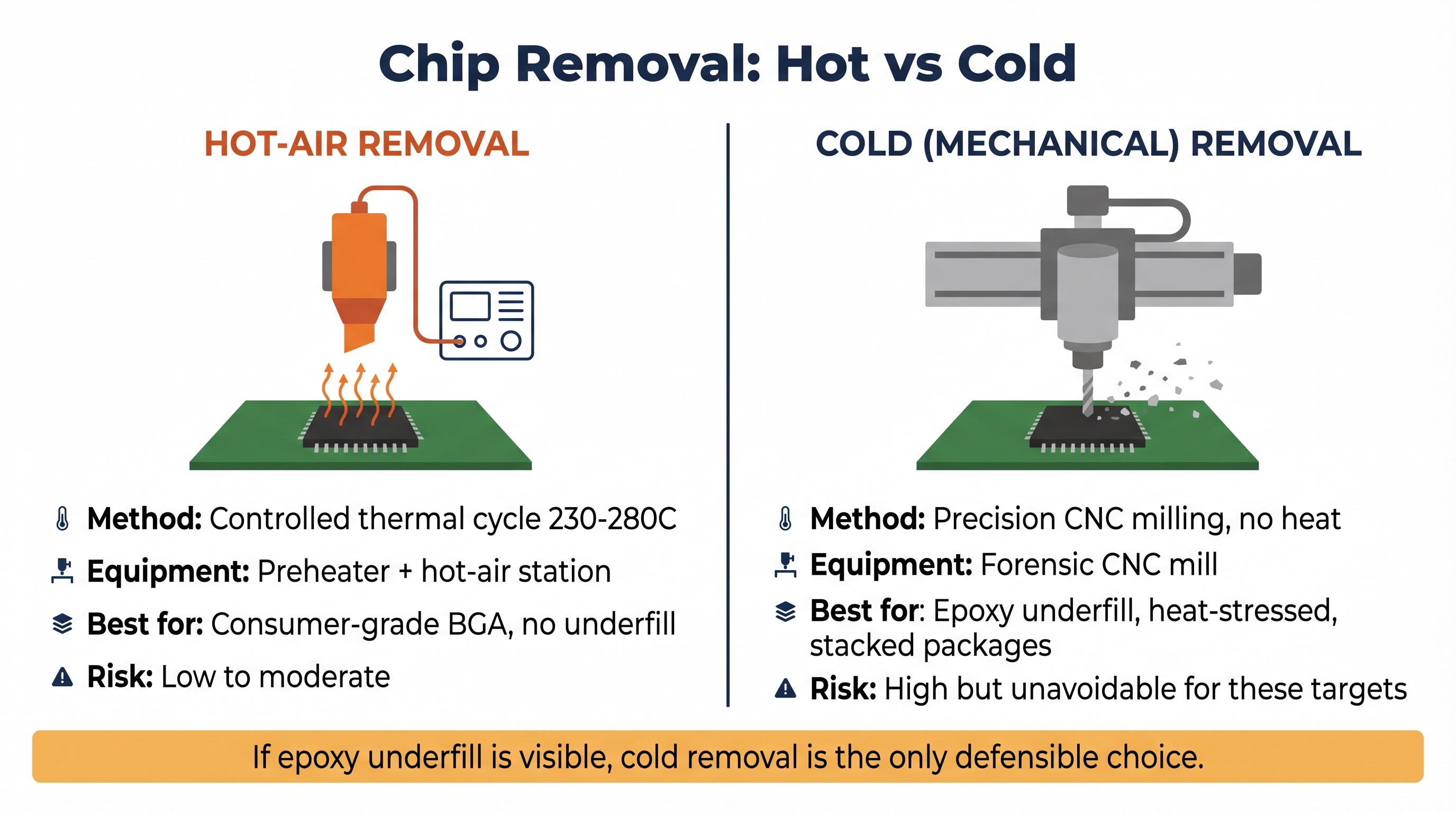 Side-by-side comparison diagram titled Chip Removal: Hot vs Cold. The left column is labeled Hot-Air Removal in orange and shows a flat illustration of an orange hot-air rework nozzle directed downward at a green PCB with a black BGA chip, with heat lines rising from the chip. Below the illustration: Method - Controlled thermal cycle 230 to 280 degrees Celsius; Equipment - Preheater plus hot-air station; Best for - Consumer-grade BGA, no underfill; Risk - Low to moderate. The right column is labeled Cold (Mechanical) Removal in dark navy and shows a flat illustration of a CNC milling spindle with a small drill bit positioned over a green PCB with a black BGA chip and small fragments scattering. Below the illustration: Method - Precision CNC milling, no heat; Equipment - Forensic CNC mill; Best for - Epoxy underfill, heat-stressed, stacked packages; Risk - High but unavoidable for these targets. A bottom-spanning bar reads: If epoxy underfill is visible, cold removal is the only defensible choice.
