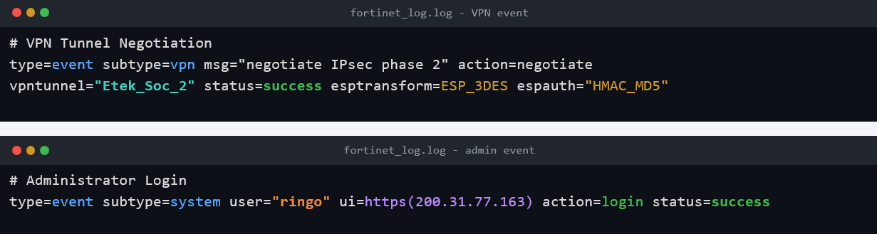 Two Fortinet log entries: a VPN IPSec phase 2 negotiation showing tunnel name Etek_Soc_2 with legacy ESP_3DES encryption and HMAC_MD5 authentication, and an admin login event showing user ringo successfully authenticating via HTTPS from IP 200.31.77.163.